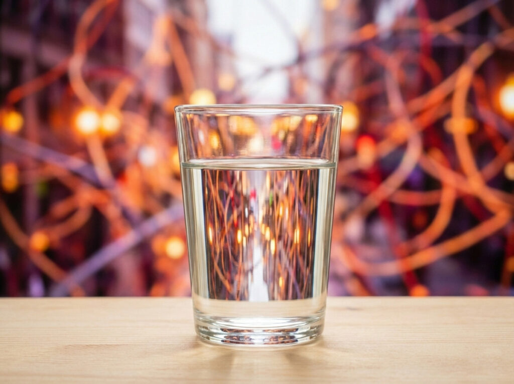 Verre d'eau cristalline sur une table en bois offrant une vision nette et apaisée d'un arrière-plan flou, illustrant le changement de perspective et la clarté mentale apportés par l'hypnose lors du Dry January